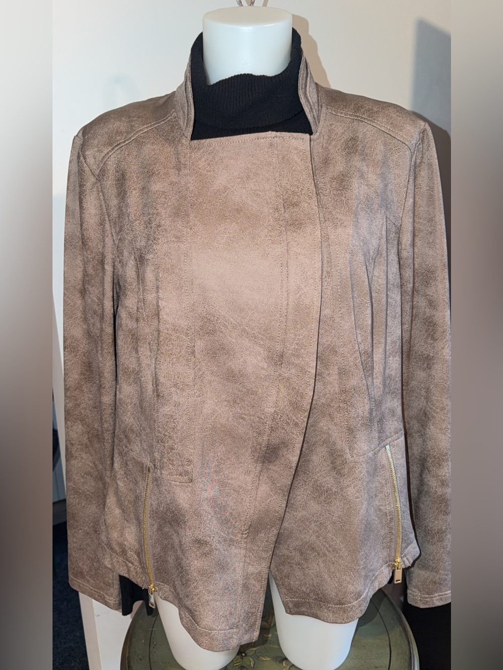 Melanie Lynn Women’s Faux Suede Open-Front Zip Jacket in Taupe size XL NWT